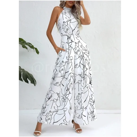 Abstract Print Black on White Long Wide Leg Halter Jumpsuit - Picture 3 of 7